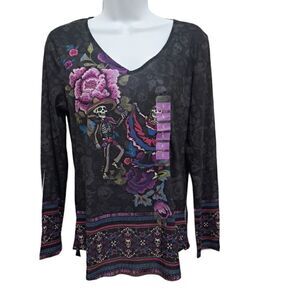 NWT Day Of The Dead Skulls Skeletons Embellished Shirt Size S